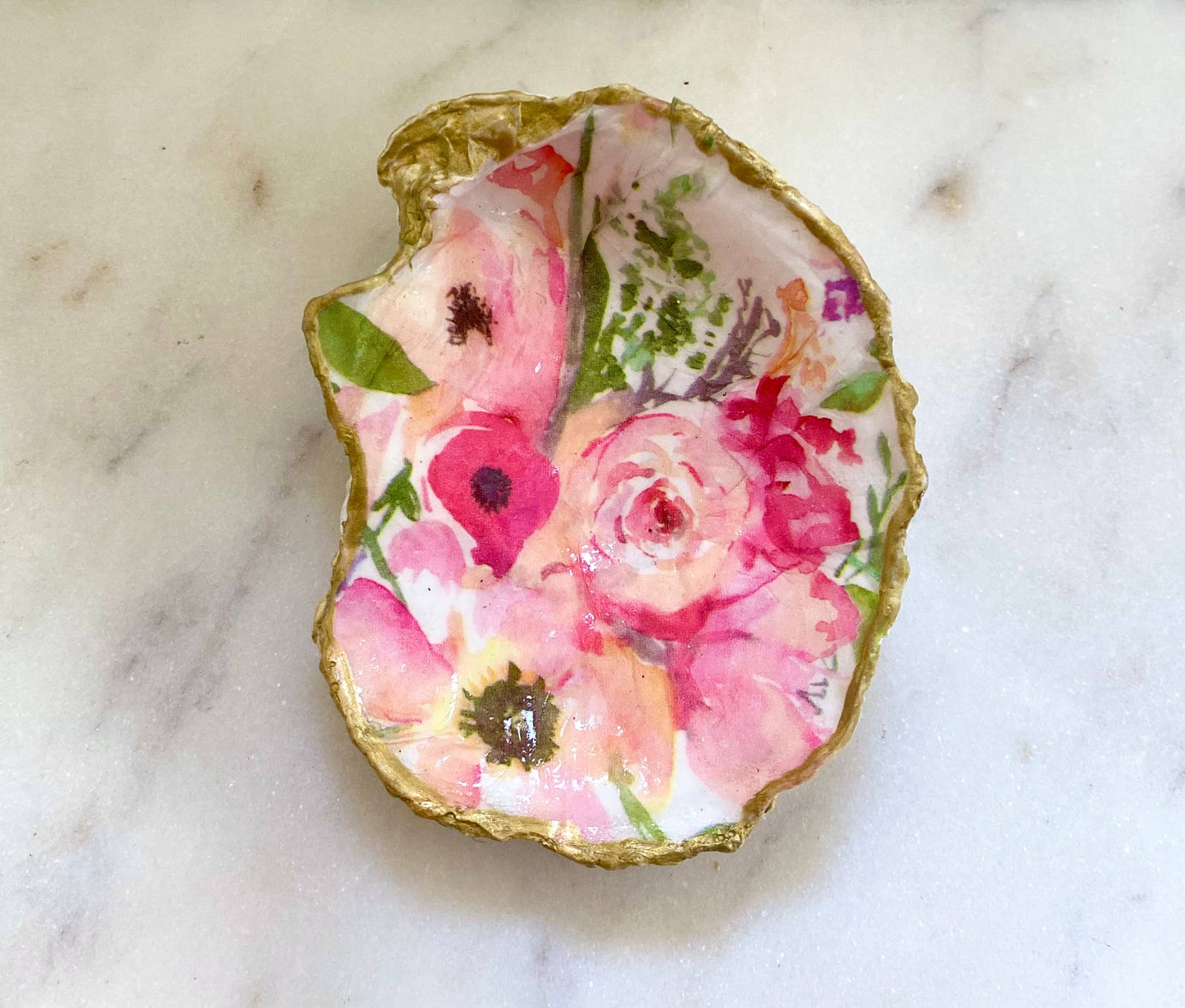 Pink Floral Oyster Shell Jewelry Dish