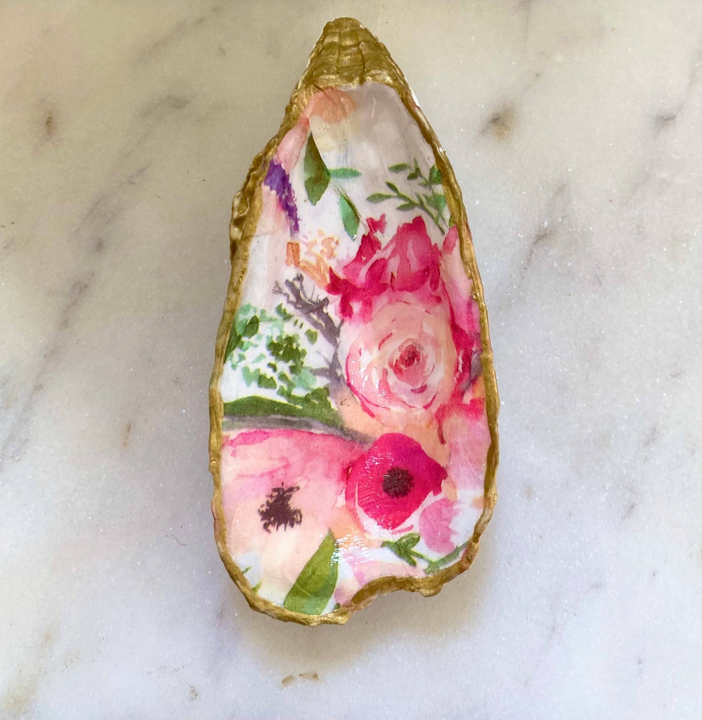 Pink Floral Oyster Shell Jewelry Dish