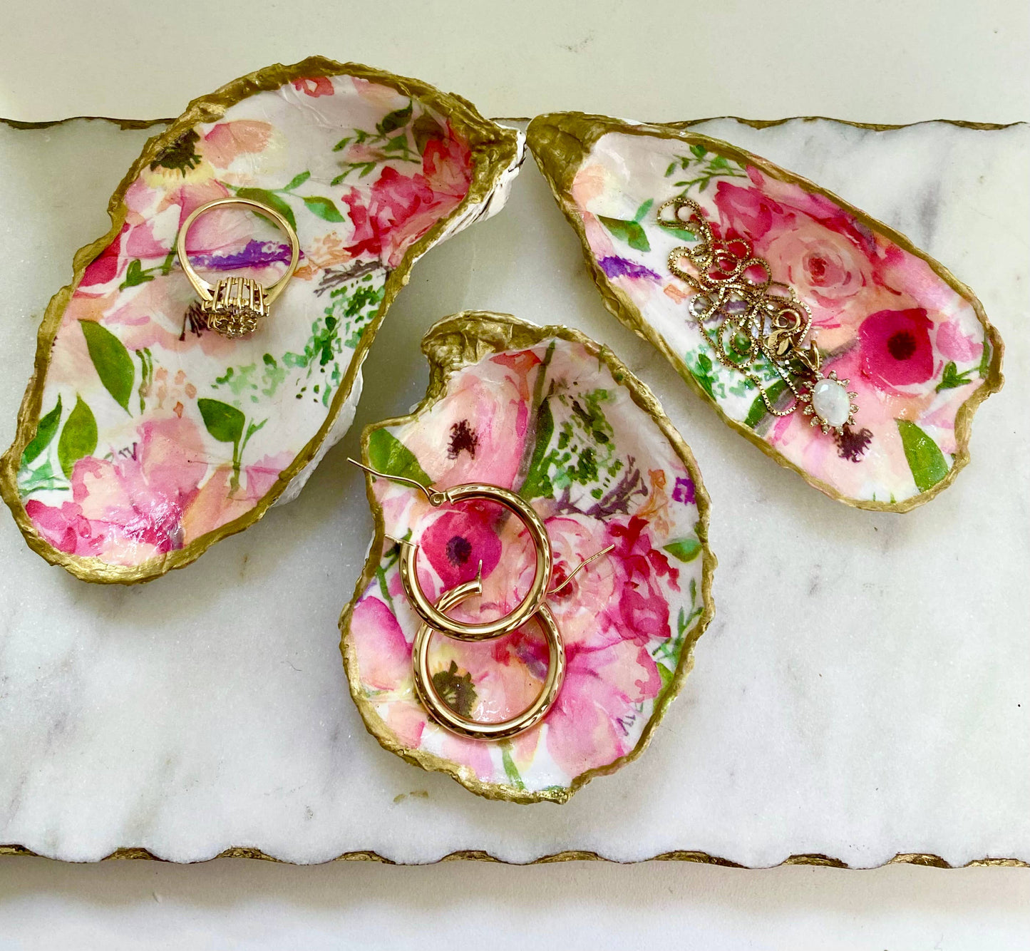 Pink Floral Oyster Shell Jewelry Dish