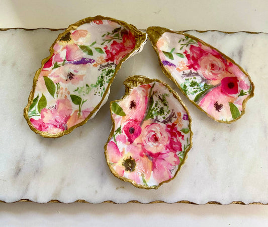 Pink Floral Oyster Shell Jewelry Dish